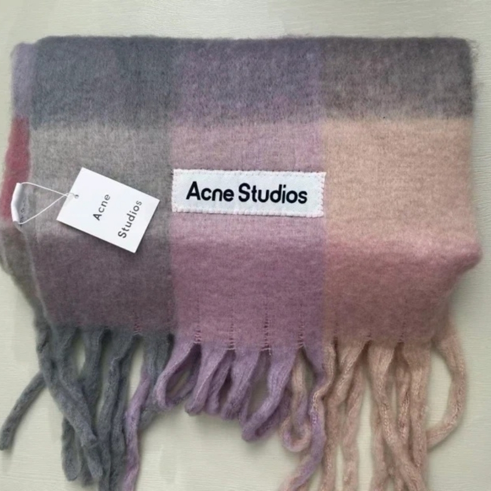 Acne Studios Pastel Plaid Fringe Scarf in Lavender, Gray, Pink